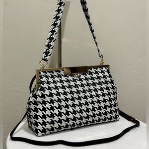 Colorblock Houndstooth Woven Leather Handmade Kisslock Handbag, Multi Use Style